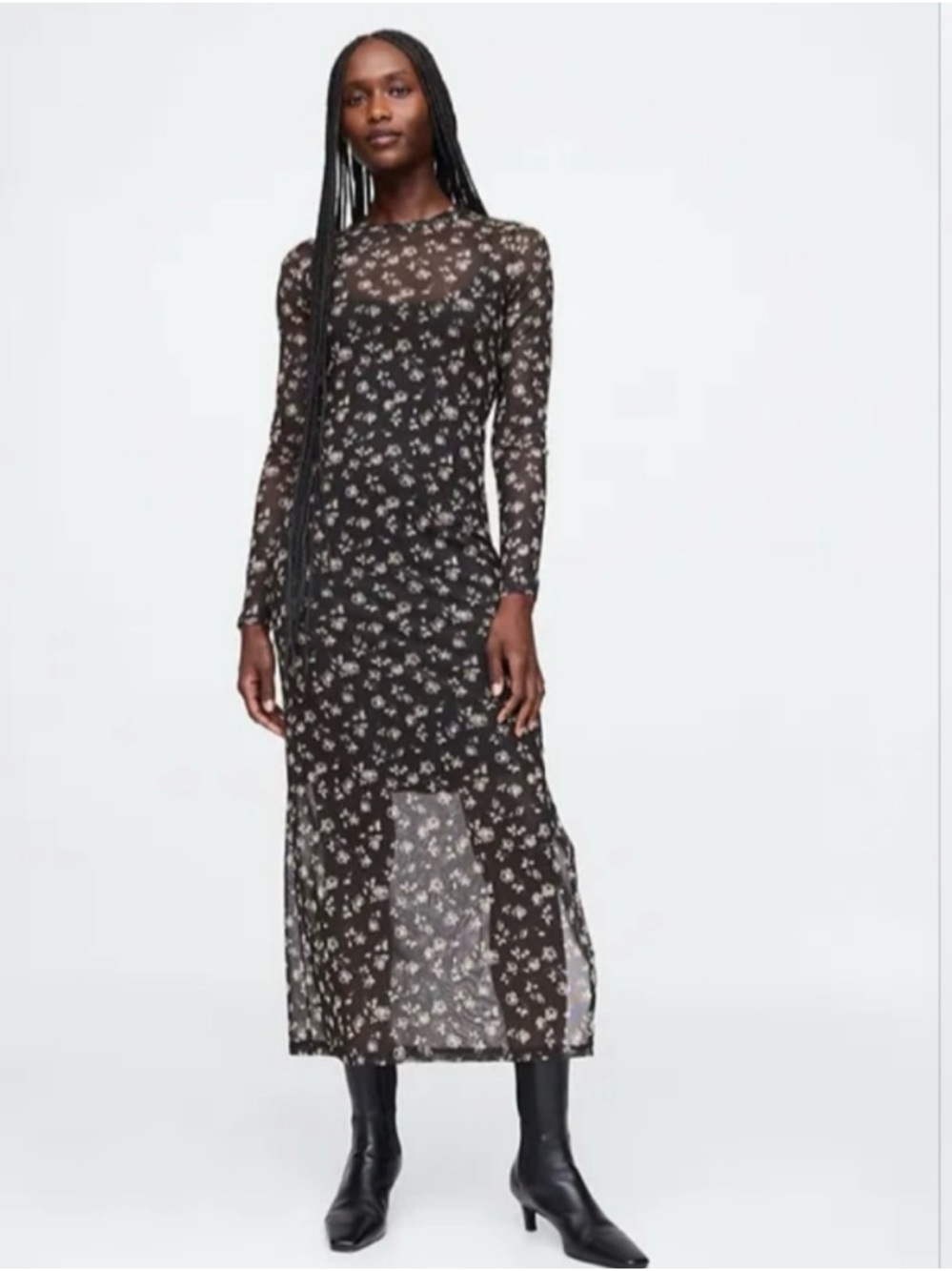 GAP Black Floral Sheer Long-Sleeve Maxi Dress
